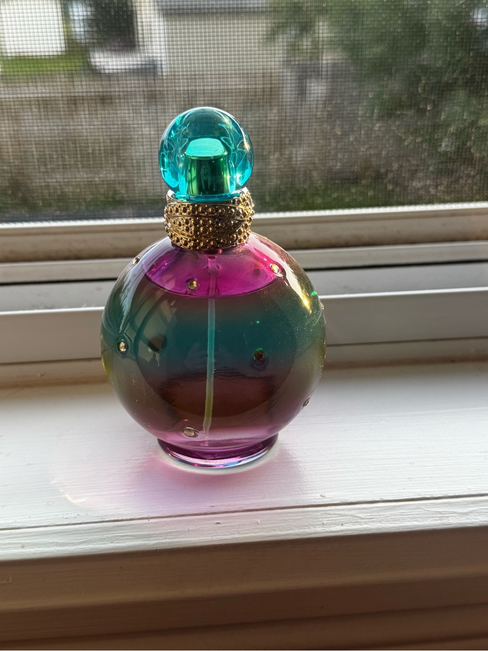 Decorative Hand-Blown Glass Orb Bottle in Teal and Magenta with Gold Accent